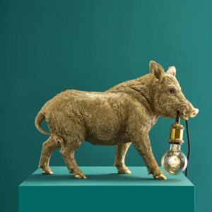 Table Lamp Wild Boar Gold, full front view of the boar sculpture