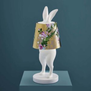 Table Lamp Rabbit Gold and White Limited Edition, full front view of the hand-painted sculpture