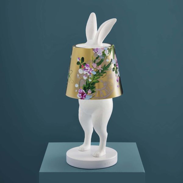 Table Lamp Rabbit Gold and White Limited Edition, full front view of the hand-painted sculpture