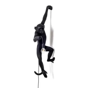 Wall Lamp Monkey Hanging Black, full front view of the monkey sculpture