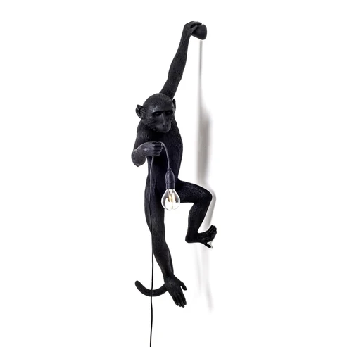 Wall Lamp Monkey Hanging Black, full front view of the monkey sculpture