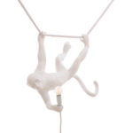 Ceiling Lamp Monkey Swing White, full front view of the swinging monkey sculpture