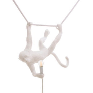Ceiling Lamp Monkey Swing White, full front view of the swinging monkey sculpture