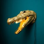 Wall Lamp Crocodile Gold, full front view of the crocodile sculpture