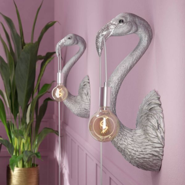 Wall Lamp Flamingo Silver Junior, full front view of the flamingo sculpture