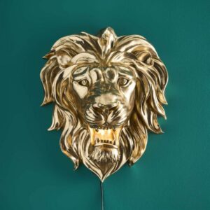 Wall Lamp Lion Gold, full front view of the lion sculpture