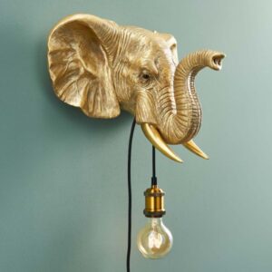 Wall Lamp Elephant Gold, full front view of the elephant sculpture