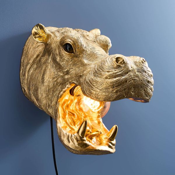 Wall Lamp Hippopotamus Gold, full front view of the hippo sculpture