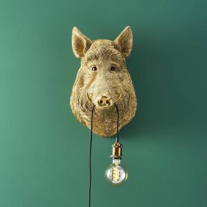 Wall Lamp Wild Boar Gold, full front view of the boar sculpture