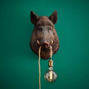 Wall Lamp Wild Boar Brown, full front view of the boar sculpture