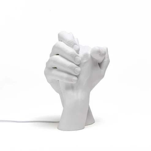 Table Lamp Hand Shaped, full front view of the porcelain hand sculpture