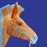 Wall Lamp Zebra Blue and Orange, full front view of the zebra sculpture