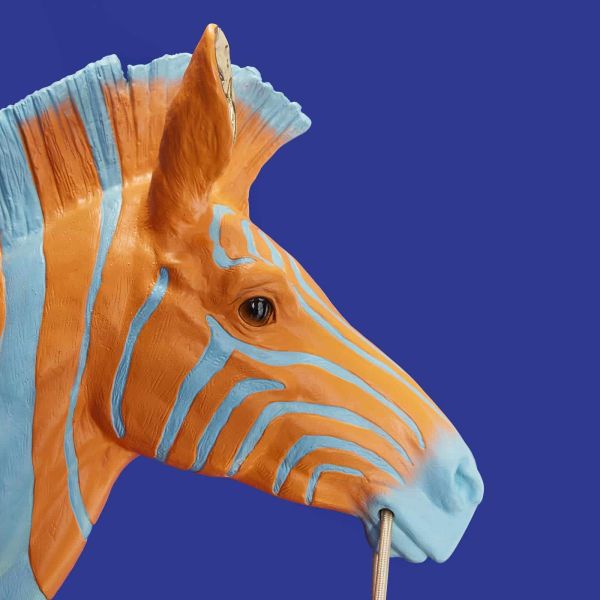 Wall Lamp Zebra Blue and Orange, full front view of the zebra sculpture