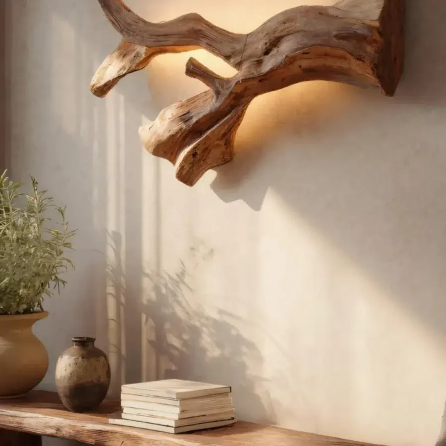 Natural wood wall sculpture with integrated lighting in a warm modern interior